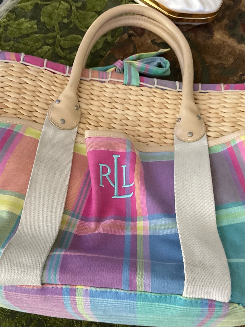 Ralph Lauren Pastel Plaid Straw-Trim Tote with RL Monogram